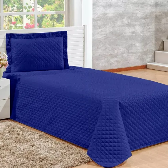 Kit Cobre Leito Colcha Para Quarto Cama Solteiro 200 Fios Matelassê 2 Peças Menino Menina Empório Luz Cor Azul
