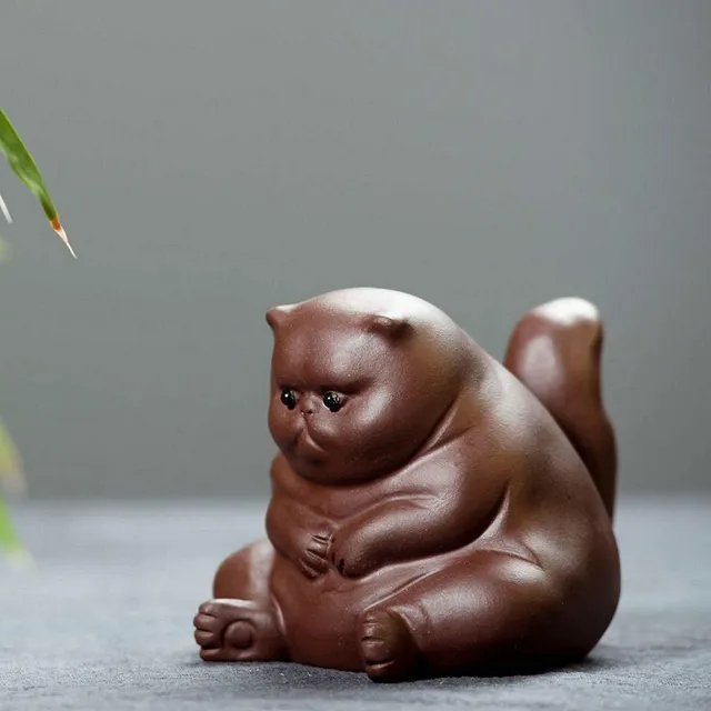 Pensando Gato Chino Tibet Redware Tallado Estatua Leon Te