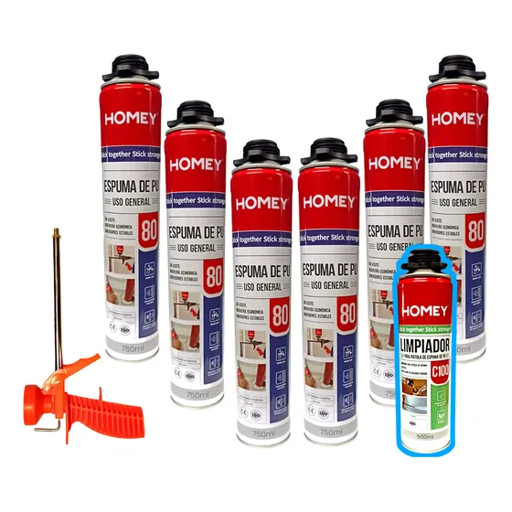 Espuma De Poliuretano 750ml Homey X 6 + Pistola + Limpiador