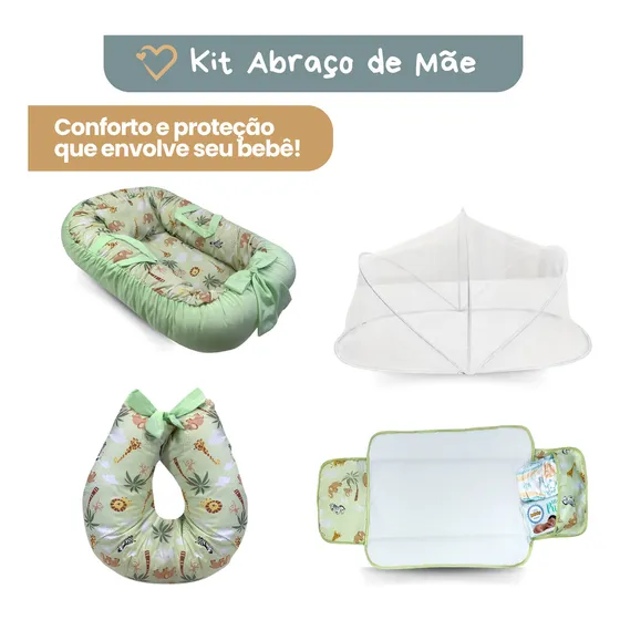 Kit Ninho Redutor + Almofada De Amamentação + Trocador Portátil + Mosquiteiro Abraço De Mãe - Safari Verde