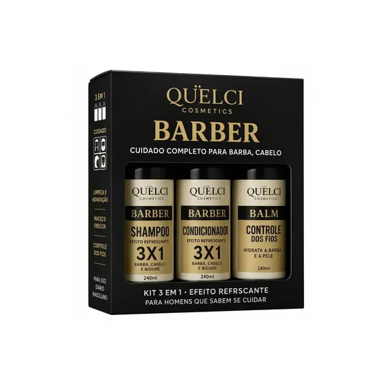 Kit Quelci Barber 3 em 1 Shampoo Condicionador Balm 240ml Cuidado Masculino