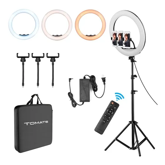 Ring Light Tomate 18 Polegadas Grande + Tripé 2 Mts Estrutura Preto Luz Bicolor 127/220V