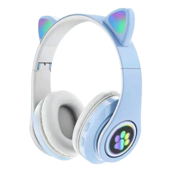 Audífonos Bluetooth Orejas De Gato Rgb Con Control De Música Celeste
