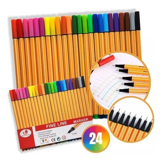 Kit Estojo 24 Canetas Ponta Fina Fine Line Tipo Stabilo 0,4m