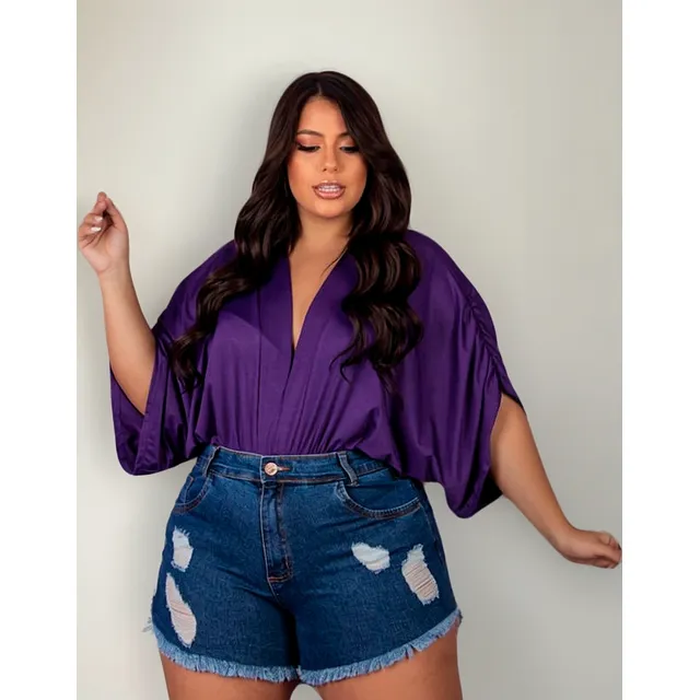 Short Jeans Feminino Plus Size Barra Desfiada Rasgado