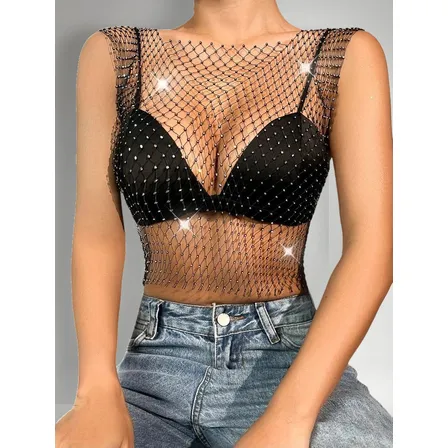 Polera Malla Manga Corta Con Cristales - Brillos Para Mujer
