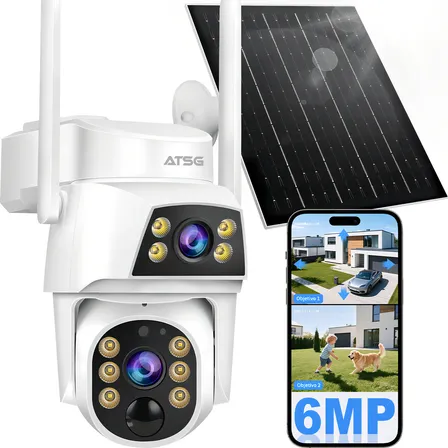 Atsg® 6mp Solar Doble Lente Cámara De Seguridad Exterior 2k Visión Nocturna A Todo Color Conversación Bidireccional Seguimiento Móvil Alarma Móvil Protección Ip66
