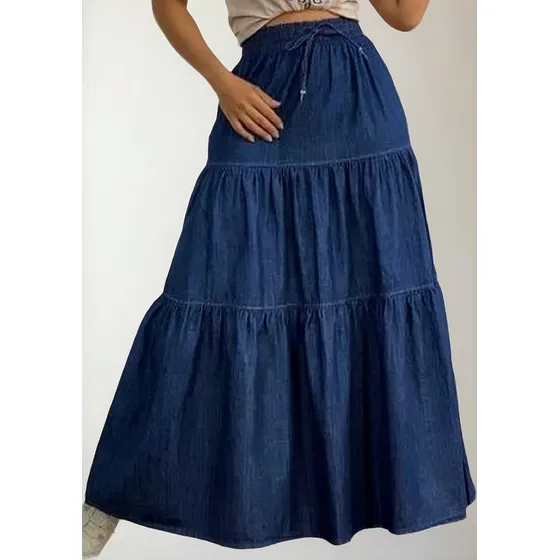 Saia Jeans Feminina Longa 3 Marias Elastico Cos Cintura Alta