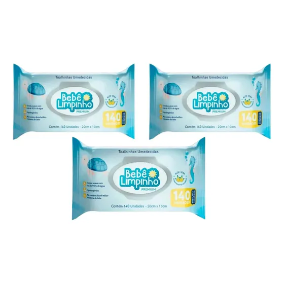 Toalhas Umedecidas Bebê Limpinho Premium Kit 3x 140un