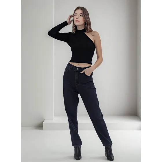 Jean Mom Negro Liso Hershe Denim Mujer