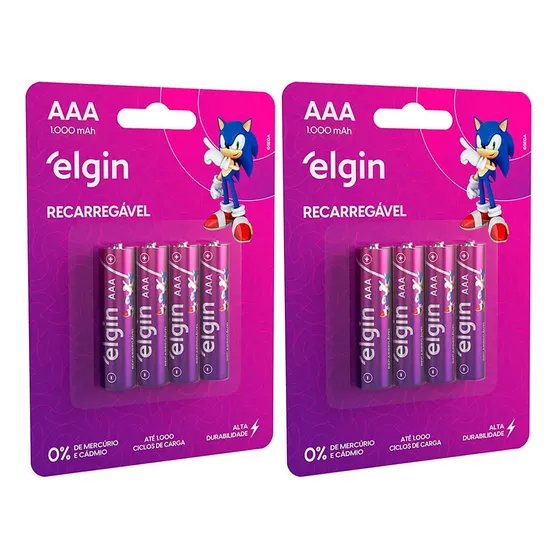 8 Pilhas Recarregável Aaa 1000mah Elgin 2 Cartelas C/4 Un