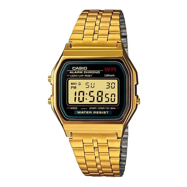 Reloj pulsera Casio Vintage A159W-N1DF de cuerpo color dorado, digital, fondo negro, con correa de acero inoxidable color dorado, dial negro, minutero/segundero negro, bisel color dorado y hebilla de 