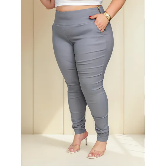 Calça Plus Size Básica Cós Alto Zíper Com Bolso Barra Justa