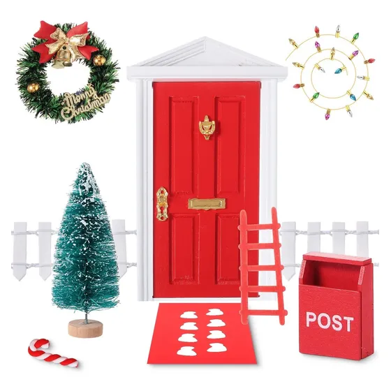 Bbto Kit Puerta Hada Elfo Navidad Roja Madera Para Accesorio
