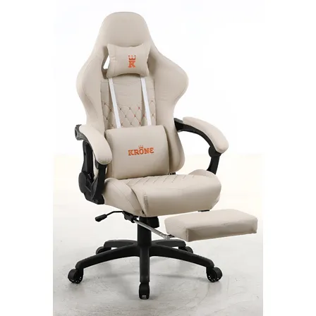 Silla Gamer Profesional Krone Xl Línea Premium Apoyapiés Color Crema Material Del Tapizado Cuero Sintético
