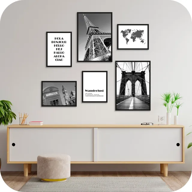 Set 6 Cuadros Ciudades Viajes Mapamundi Moderno Blanco Negro