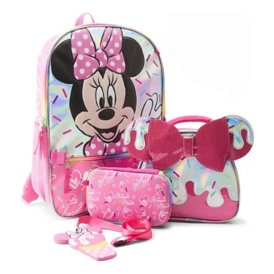 Morral Minnie Mouse Rosado Lazo Combo Escolar Niñas