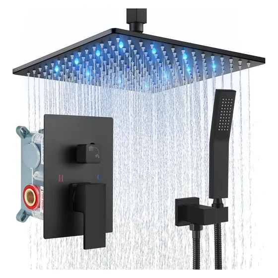 Griferia De Ducha C/duchador Flor Cuad Led30cm P/techo Negro