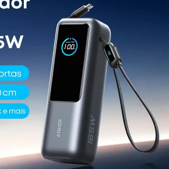 Carregador Portátil Power Bank Anker 25000mAh 165W Cor Preto Carga Turbo Rápida com 4 Portas e 2 Cabos USB-C Integrados, Tela Digital Compatível com Notebook, MacBook, iPhone, Samsung e AirPods