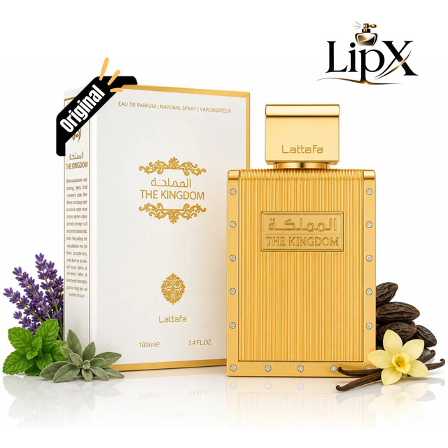 Frasco de perfume dourado The Kingdom da Lattafa ao lado de sua caixa branca e dourada, decorado com ramos de lavanda e favas de baunilha.