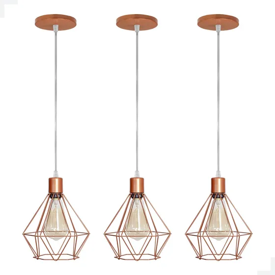 Kit 3 Luminária Pendente Aramado Diamante Cobre Cabo Cristal