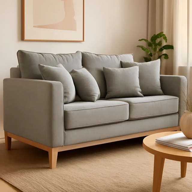 Sofá de 2 lugares modelo Beny na cor cinza, com revestimento em linho cotton, base de madeira clara e almofadas decorativas, posicionado em uma sala com quadro na parede e mesa lateral.