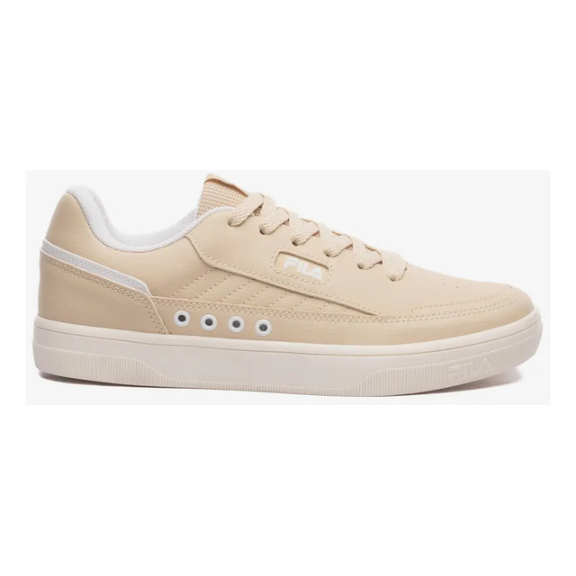 Tênis feminino Fila Vortex na cor bege com detalhes em branco, vista lateral mostrando o design casual e os ilhoses laterais