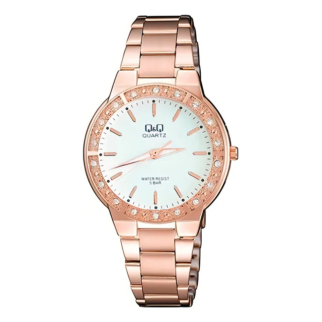 Reloj Q&q Qyq Q985j010 Elegante Star Diamond Mujer +estuche Correa Oro Rosa/blanco
