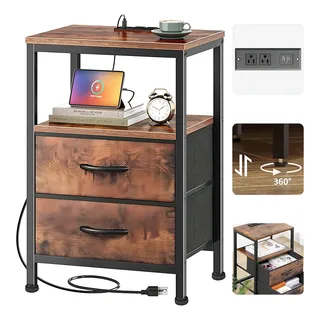 Furrfic® Mesita De Noche Con Base De Carga, Mesa Auxiliar Con 2 Cajones De Tela Y Estantes Abiertos, Mesita De Noche, Mesita De Noche Para Dormitorio, Marrón