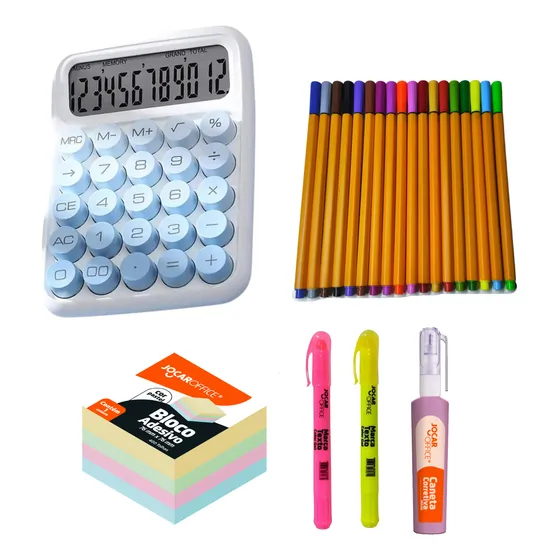 Kit Papelaria Fofa Canetas Colorida Post-it Calculadora