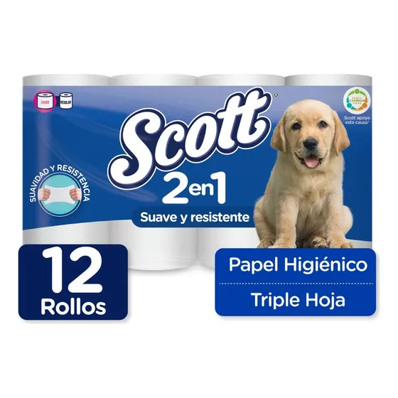 Papel Higiénico Scott 2 En 1 Triple Hoja 12 Rollos