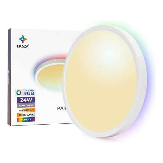 Painel Led Plafon Inteligente Smart Com Borda Rgb Sobrepor Redondo 24w Alexa Google Home Branco Ekaz
