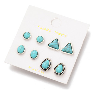 Juego De Aretes Bohemios Retro Geométricos Turquesa Juego De Aretes Bohemios Retro Geométricos Turquesa