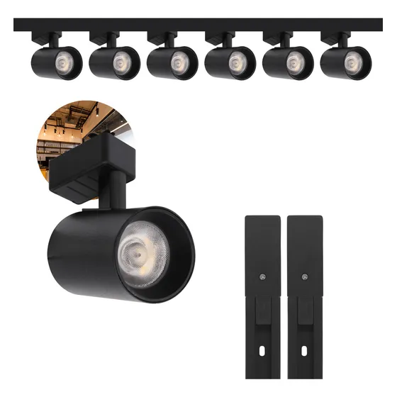 Kit Eletrificado Trilhos 2m + 6 Spots Led 12w Preto Quente 127/220V