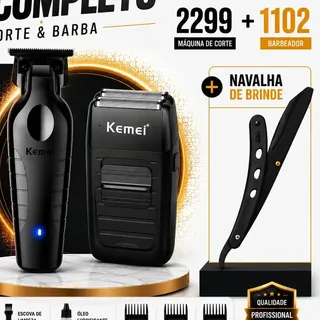 Cartel Barber Shop Kit Cortador Cabelo Barbeador Kemei 2299 1102 Sem Fio PretoPor