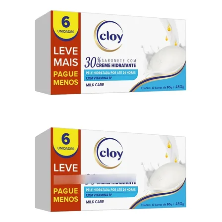 Sabonete Barra Milk Care Hidratante Cloy 2 Caixas De 6x80g
