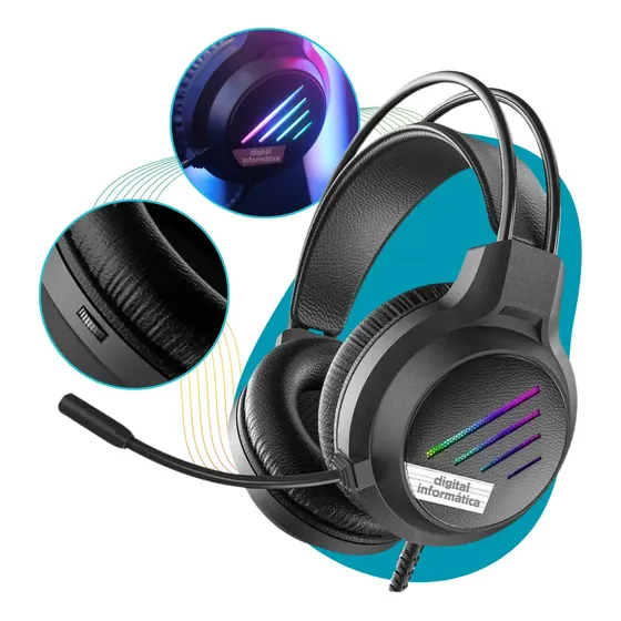 Fone De Ouvido Headset Gamer Led Rgb Microfone Pc Computador Notebook Videogame Ps4 Xbox Usb P2 Cor Preto Digital Informática