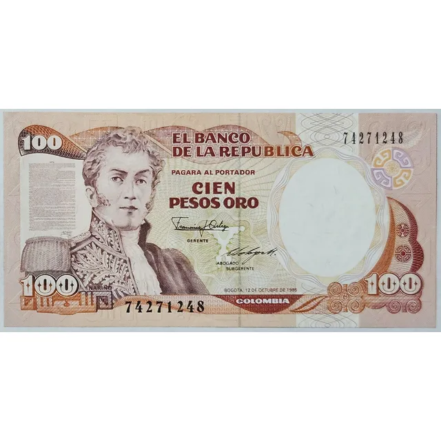 Billete 100 Pesos 12/oct/1986 Colombia Unc