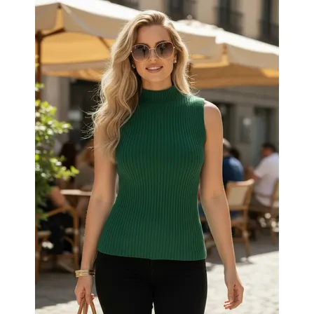 Regata Feminina Tricô Modal Sem Manga Gola Alta Blusa Básica