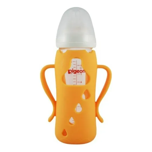 Protector De Silicona Para Mamadera Vidrio Color Naranja Pigeon Softouch 240 Ml