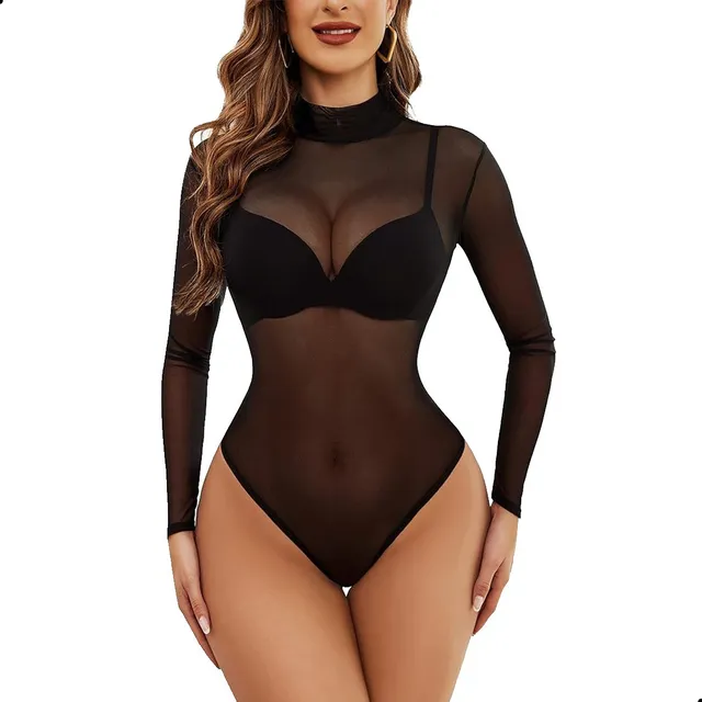 Blusa Body Transparente Malla Cuello Alto Tortuga Moda Mujer