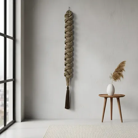 Escultura Colar De Parede 1m20cm Corrente Tricotada Elegante Camurça E Marrom