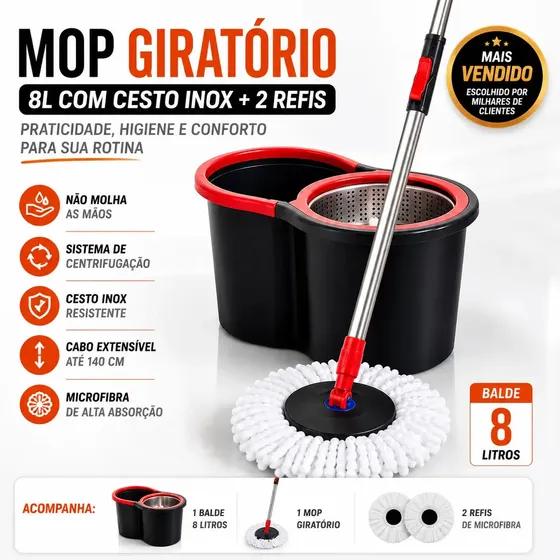 Mop Giratório 360° Esfregão com Balde Centrífuga 8L Cesto Inox Cabo Longo com 2 Refis de Microfibra