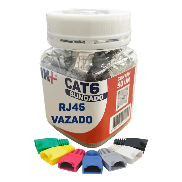 Conector Rj45 Vazado Cat6 Utp Blindado Pote 50 Pcs + Capas