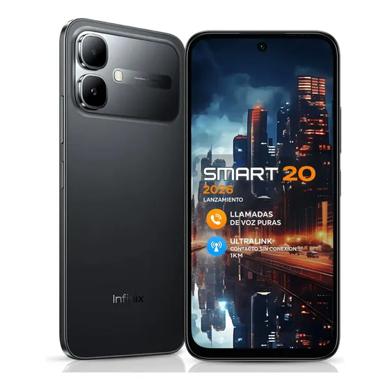 Celular Infinix SMART 20 2026 Pantalla 6.78'' 120Hz 256GB+8GB Ram (4+4GB) 5200mAh Ultralink Llamadas Sin Señal Hasta 1km AI Reducción de Ruido y Voz Nítida Android XOS 16 Dual Sim NFC Negro Sombra