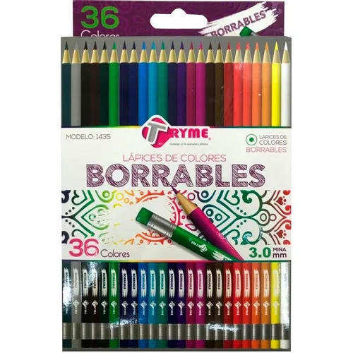 36 Lápices De Colores Borrables Con Goma Tryme Alta Calidad