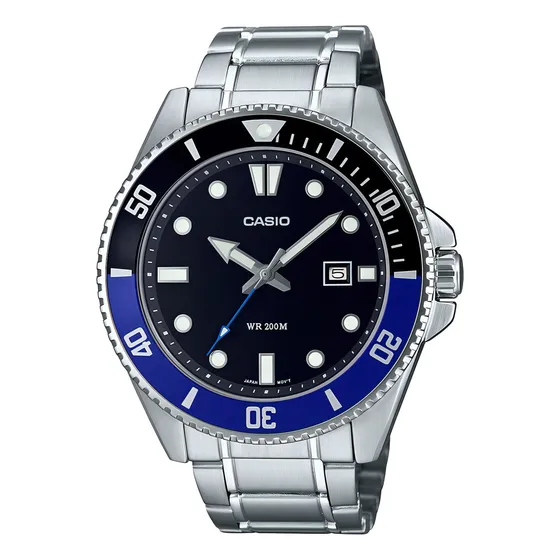 Relógio Casio Masculino Duro Mdv-107d-1a2vdf *200m Correia Prateado Bisel Azul Fundo Preto
