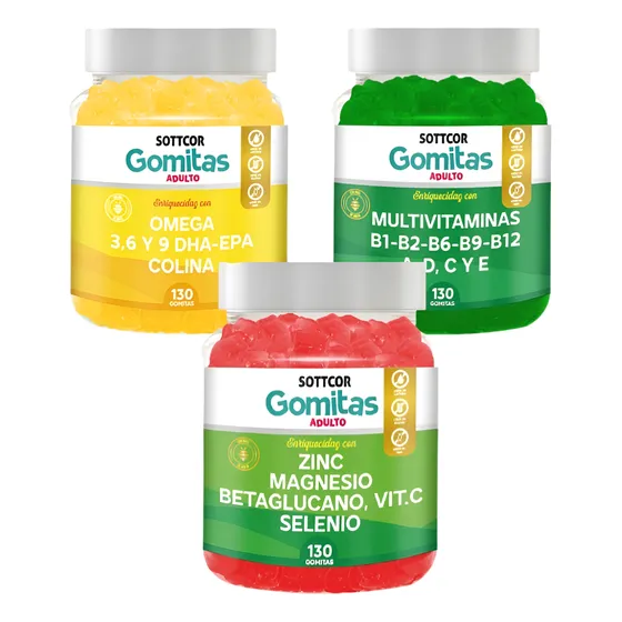 Pack 3 Omega, Multivitamina, Zinc Y Magnesio Gomitas Sottcor