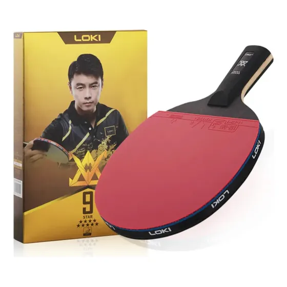Paleta Ping Pong Loki 9 Estrellas Profesional Fibra Carbono Color Negro/Rojo Tipo de mango FL (Cóncavo)