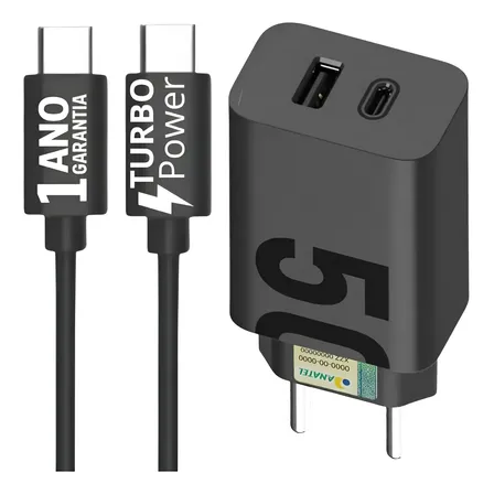 Carregador De Celular Turbo 50w Type-c + Usb Com Cabo  Preto